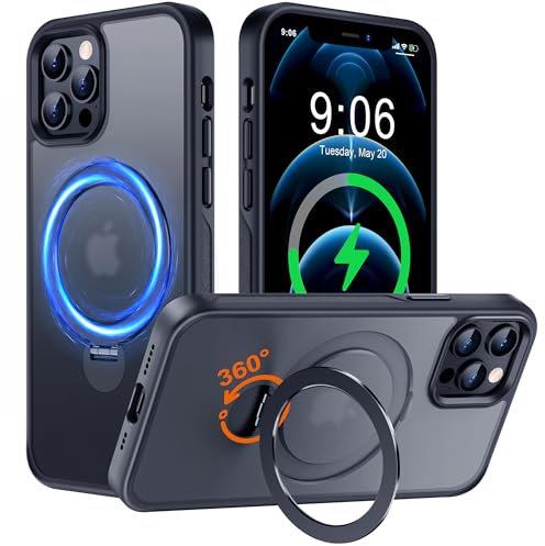 Derwav Multi-in-1 [Magnetic+ Kickstand+ Ring Holder] for iPhone 12 Pro Max Case, Compatible with MagSafe, 360° Rotatable Stand with Military Shockproof Silicone Frame Protection Magnetic Cover, Black