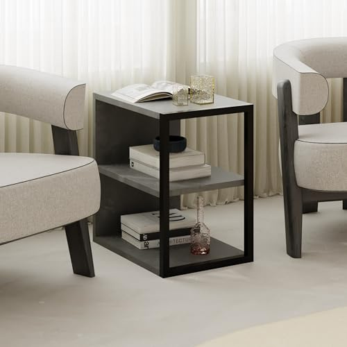 HOCUS PICUS Sofa End Table, Bedside Table, Retro Grey | Living Room, Bedroom Small Table, 2-Tier Side Table with Metal Frame, 42x30cm