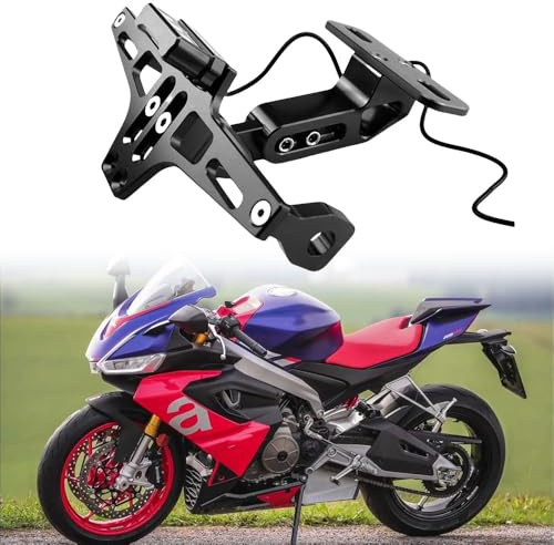 SUMRED Einstellbare Lizenz Halterung mit LED-Licht für Aprilia RS 660 2022, Motorrad Kennzeichenhalter Verstellbarer Kennzeichenhalterung Aluminium,1
