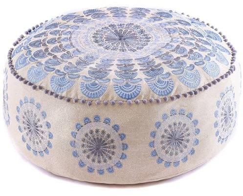 Mandala Life ART Blauer Pouf Rund Mit Füllung Sitzpouf Groß Dekorist Cozy Groß Bodenkissen Boho Haustierbett Orientalische Sitzecke 100% Baumwolle 60X20Cm