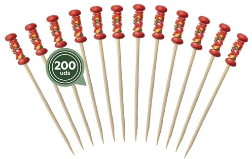 MAXI PRODUCTS - 200 Pinchos Bambú Decorados Agarrador Trenzado Rojo - 12 cm - Palillos para Aperitivos - Pinchos Degustación Catering - Palillos Cóctel, Fruta, Aperitivos - PINCHO BAMBÚ