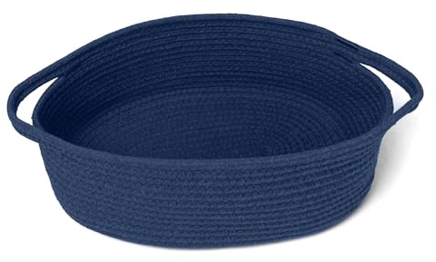 MEGASKET Dunkelblauer kleiner gewebter Korb, 33 x 22,9 x 12,7 cm, Körbe für Geschenke, leer, Baumwollseil, Geschenkkorb, niedlicher Kindergarten-Organizer, Katzen-/Hundespielzeugbox, ovaler Weidenkorb