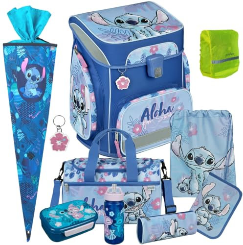 Pridera Scooli Schulranzen Mädchen 1.Klasse EasyFit (10tlg. Set mit Sporttasche Brotdose Trinkflasche Schultüte 268, Regenhülle gratis, Lilo & Stitch)