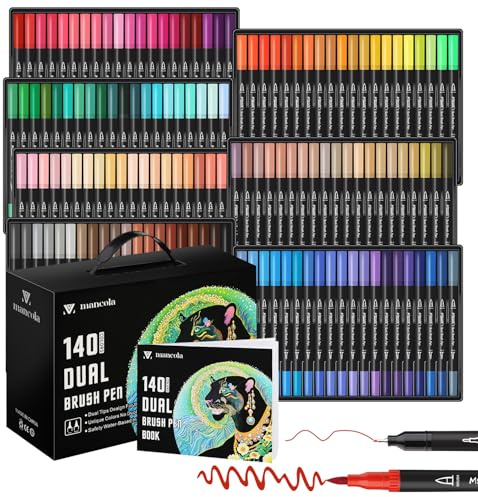 Mancola 140 Couleurs Marqueurs Pointe Fine et Double Pointe pour Adultes et Enfants, Brush Pen Lettering pour Coloriage, Dessin, Peinture et Calligraphie