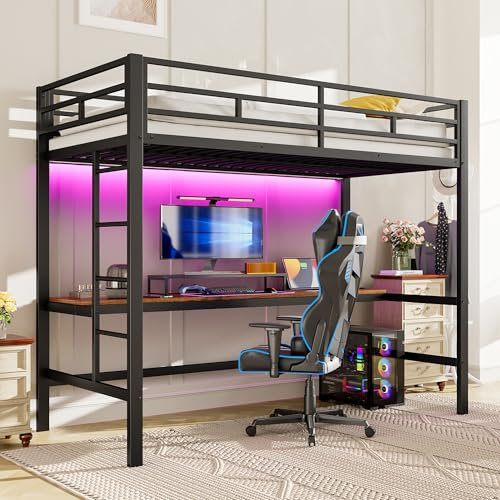 Hochbett mit Schreibtisch 90x200, Etagenbett Metallbett mit LED-Ambientelicht & USB & Steckdose, Funktionsbett Stockbett Jugendhochbett mit Lattenrost und Sicherheitsgeländer, Schwarz, Ohne Matratze