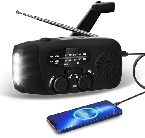 Wind Up Solar Radio Emergency Portable Hand Crank AM/FM Powered Weather Radio Rechargeable USB Mobile Phone Charger SOS Alarm Bright LED Torch Flashlight for Home Camping Hiking Backup Power Supply