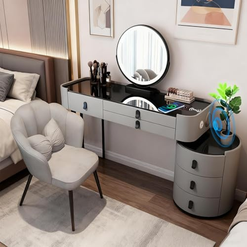 Vofikoli Schminktisch mit Verstellbaren LED-Beleuchtung, Dressing Table mit Spiegel, 3 einstellbare Helligkeiten, Moderner Kosmetiktisch mit 5 Schubladen (Grau – Schwarze Beine – 02, 100cm)