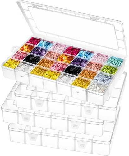 Hiuyavy 28 Grids Small Compartment Craft Case, 4PCS Bead Organiser Storage Box, Organizer Storage Container with Dividers, Clear Plastic Storage Boxes for Earring Jewelry Seed Small Parts