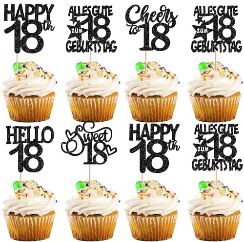 30 Stück 18th Geburtstag Tortendeko Glitzer Alles Gute zum Geburtstag 18 Kuchen Deko Sweet 18 Cupcake Toppers für Prost auf 18th Jahre Jahrestag Party Kuchen Dekorationen Schwarz
