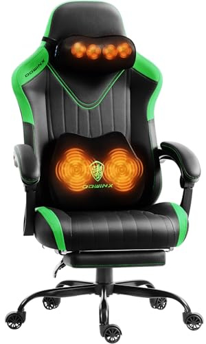 Dowinx Gaming Stuhl mit Massagefunktion, Ergonomisch Gestaltet Gaming Sessel mit Lendenwirbelstütze und Nackenstütze,Gaming Chair bis 135 kg Höhenverstellbar, Leder Geeignet für Erwachsene,Grün