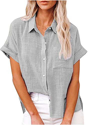 HAOLEI Ladies Linen Tops - Womens Cotton Linen Shirts UK Elegant Classic Oversized Tee Shirts Button Down Summer Lapel Roll Up Short Sleeve Casual Blouse Office Work Tunic Tops Plus Size 8-22
