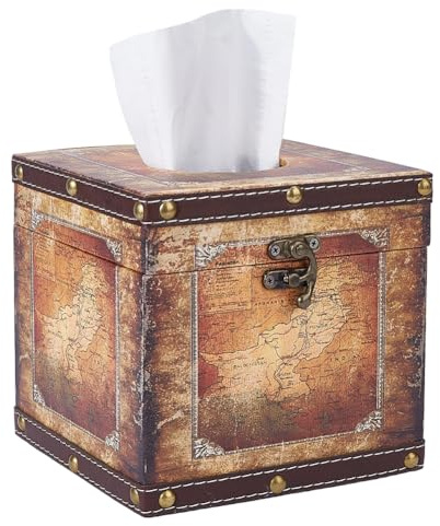 DICOSMETIC Scatola per fazzoletti in legno retrò quadrata porta fazzoletti vintage cubo cartina del mondo con serratura in metallo legno di cammello, scatole estetiche per camera da letto, bagno