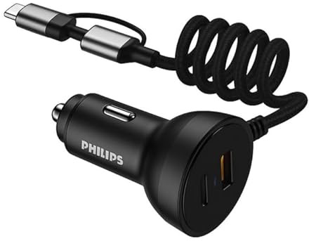Philips Auto Ladegerät DLP4301B/04 - Zigarettenanzünder USB C 72W - KFZ Ladegerät USB C mit Lightning und Type-C Kabel - 12V USB Adapter Auto Schnellladegerät - Schwarz