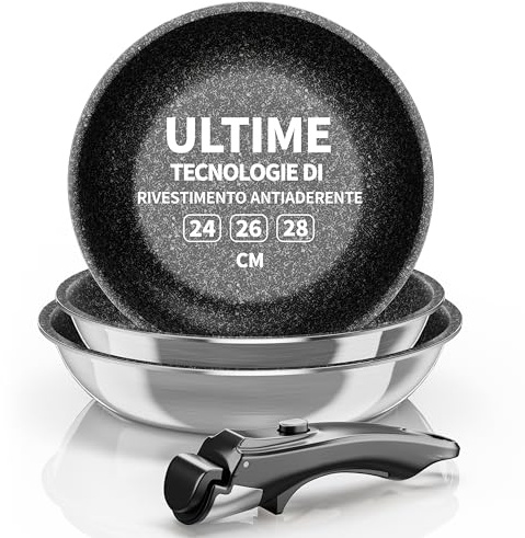 Kiseely Padella Antiaderente a Induzione in Acciaio Inox, Set 3 Padelle Antiaderenti, Manico Removibile, rivestimento Antiaderente,antigraffio, Induzione e Gas (MD1)