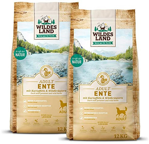 Wildes Land - Nr. 2 Ente - 24 kg - mit Kartoffeln und Wildkräutern - Glutenfrei - Trockenfutter für Hunde - Hundefutter mit hohem Fleischanteil Hohe Verträglichkeit