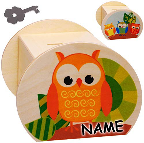 alles-meine.de GmbH Holz - Sparbüchse - lustige Eule - Schlüssel & Schloß - inkl. Name - groß - 11,5 cm - stabile Spardose - Sparschwein - abschließbar personalisiert - für Kinde..