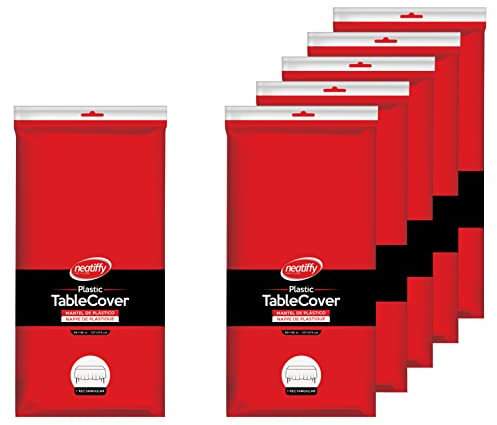 Neatiffy 137 cm x 274 cm 6er-Pack rechteckige Tischdecken aus Kunststoff für Picknick-/Camping-/Party-/Bankett-Tischdecken. Einweg-/Mehrwegtischdecken Rot