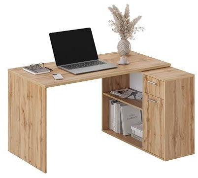 RICOO Eckschreibtisch Holz WM083-EW, Schreibtisch in L-Form, 136×101×7 cm, Winkelschreibtisch mit Regal & Schubladen, Computertisch mit Stauraum, Bürotisch für Arbeitszimmer, Eiche braun