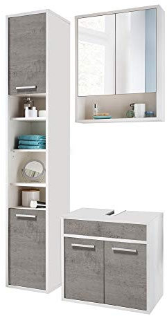 Beauty.Scouts 3er Set Badezimmer Bad Mona II Betonoptik grau weiß 105x185,6x35,2cm (B/H/T) Spiegel Unterschrank Hochschrank Badezimmerset
