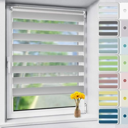 OUBO Doppelrollo Klemmfix, Rollos für Fenster ohne Bohren & mit Bohren (Grau, 55cm x 120cm), Duo Rollo Klemmrollo Fensterrollo Easyfix, lichtdurchlässig und verdunkelnd.