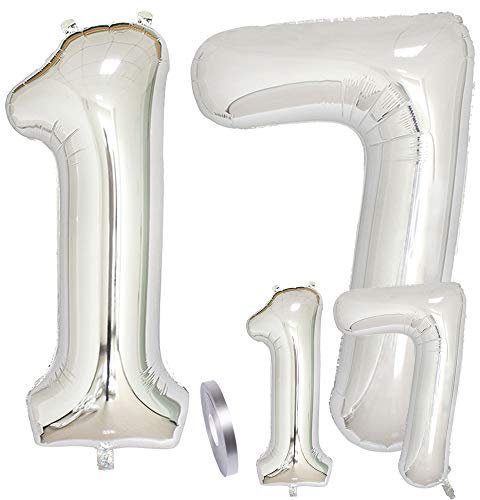 Globos numeros 17 cumpleaños XXL plata, número globo grande gigante de papel de helio en 2 tamaños 40y 16 | Set XXL 100cm+ Mini 40cm cumpleaños decoración adornos ideal para de 17 años niño niñas