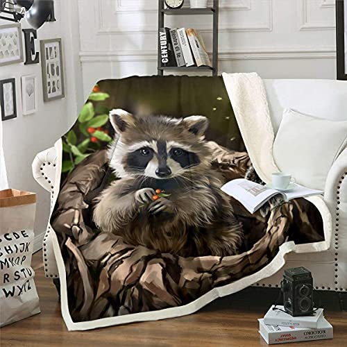 Homemissing Waschbär Kuscheldecke Niedliches Tiermotiv Wohndecke Eule Muster Flanell Fleecedecke für Couch Reise Sofa Zimmer Dekor Tierwelt Stil Decke 150x200cm Natur