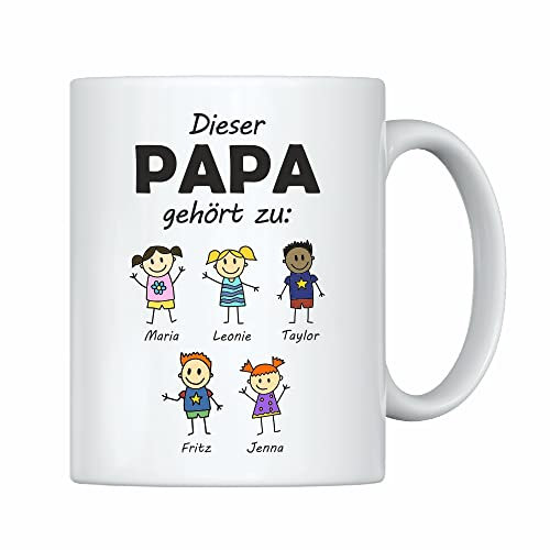 weiße Tasse -Dieser Papa gehört zu- Geschenk für Eltern– Personalisiert mit allen Kindern – Kaffeebecher mit Spruch Für Papa zum Vatertag