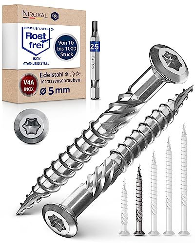 Viti a testa bombata per terrazze, 5 x 50, in acciaio inox A4, viti a testa bombata Torx, 5 mm, spesse, 250 pezzi, viti per legno Torx, lunghezza 50 mm, con 1 punta Torx