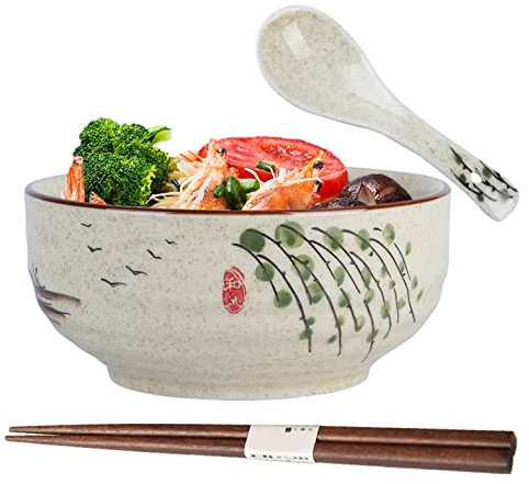 Ramen Schüssel,Japanische Schüssel Keramik,Ramen Bowl mit Löffel Essstäbchen,Ramenschale,Suppenschalen Porzellan,Salatschüsseln