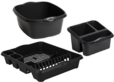 JMS we create smile Plastic Large Kitchen Sink Set of 3 Rectangular Washing Up Bowl, Sink Tidy and Large Dish Drainer (Midnight Black)