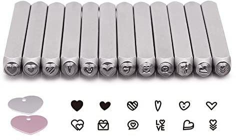 Tlimus Schmuck-Metallstempel-Set, 12 herzförmige (Liebe) Metalldesign-Stempel, 3 mm, 12 Stahlstempel, herzförmiges Stanzset mit drei hausgemachten Aluminiumplatten, Metallstanzer für Schmuck