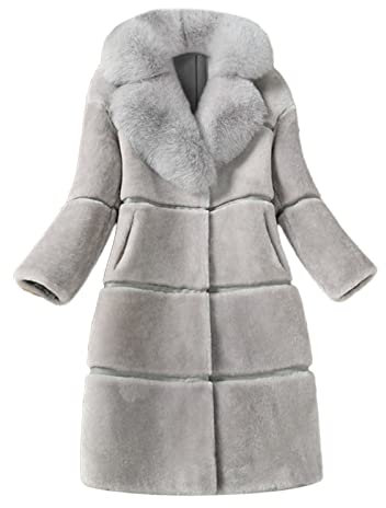 Generic Winterjacke Damen Oversize Kunstpelz Mantel Damen Winter Warm Faux Fur Kunstfell Jacke Lang Pelzmantel Elegant Einfarbig Felljacke Damenmantel Winterjacke mit Tasche, Grau, 4XL