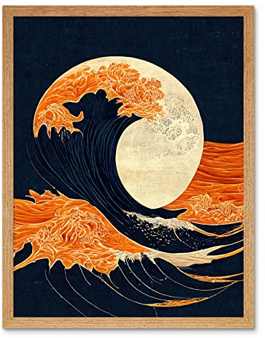 Wee Blue Coo The Great Wave at Full Moon Modern Japanese Seascape Woodblock Art Print Framed Poster Wall Decor 12x16 inch