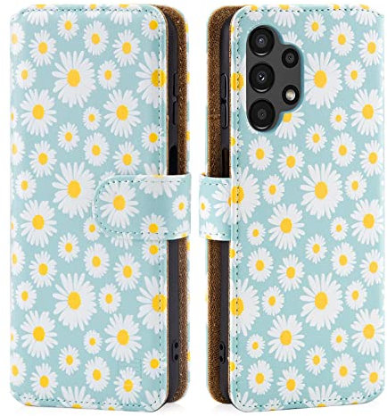32nd Floral Series 2.0 - Design PU Leather Book Wallet Case Cover for Samsung Galaxy A13 4G (2022) & A04S (2022), Designer Flower Pattern Wallet Style Flip Case With Card Slots - Blue Daisy