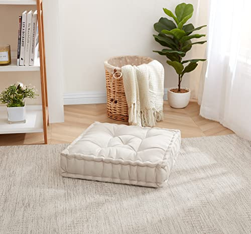 Floor Pillow Large Square Tufted Decorative Cushion 20 x 20 Faux Velvet Fabric Ultra Thick Fill for Kids and Adults, 1 Pack, Ivory