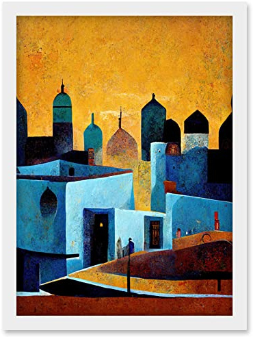 Doppelganger33 LTD Moroccan African Cityscape Modern Blue Yellow Artwork Framed Wall Art Print A4