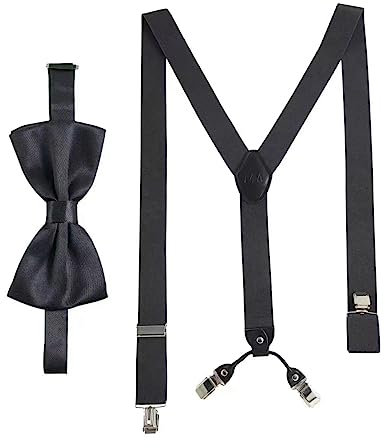Massi Morino Hosenträger mit Fliege Grau Set für Herren und Damen I Y-Form Träger elastisch mit extra starken Clips - 3,5cm breit - längenverstellbar I Vorgebundener Schlips für Anzug