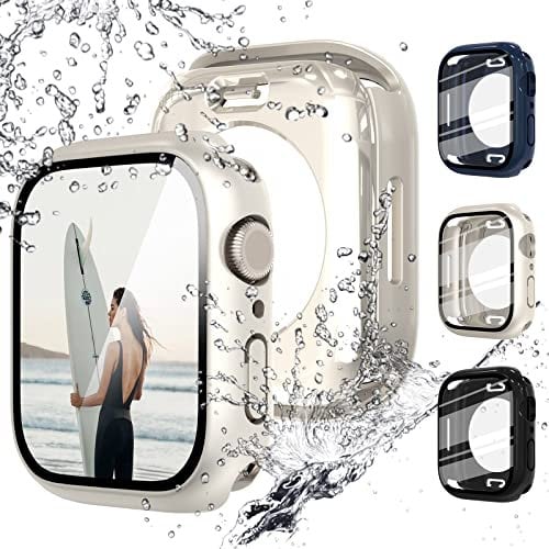 Fullife 3 Pack Waterproof Screen Protector 45mm Compatible with Apple Watch Series 9/8/7, iWatch Full Protective Case Hard PC Bumper Face Cover(Black,Starlight,Blue)
