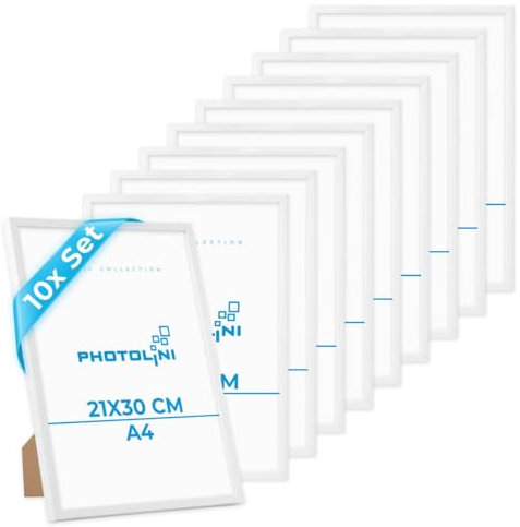 PHOTOLINI Bilderrahmen A4 21x30 cm Weiß, 10er Set Kunststoff-Rahmen schmal, bruchsicheres Acrylglas, zum Aufstellen und Aufhängen, extra Zubehör - Dokumentenrahmen für Urkunden, Zertifikate & Fotos