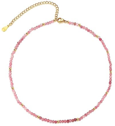 Collana Lunga da Donna Con Perline Colorate - Acciaio Placcato Oro o Argento - Gioielli Particolari Con Catenina (Ametista Rosa, Placcato Oro)