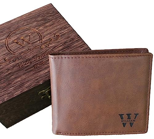 uniqicon Cadeau Personnalisé Homme, Portefeuille Homme Personnalisé avec Coffret Cadeau en Bois Gravé, Idee Cadeau Fete des Peres Anniversaire pour Homme Papa Petit Ami