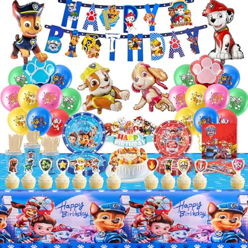 WWD1 133Pcs Paw Dog Party Supplies Set+Paw Dog Party Ballons, Party Tableware Set, Reusable Birthday Party Paper Plates Cups Napkins and Tablecloth Sets Kids Paw Dog Decorations for 20 Guests