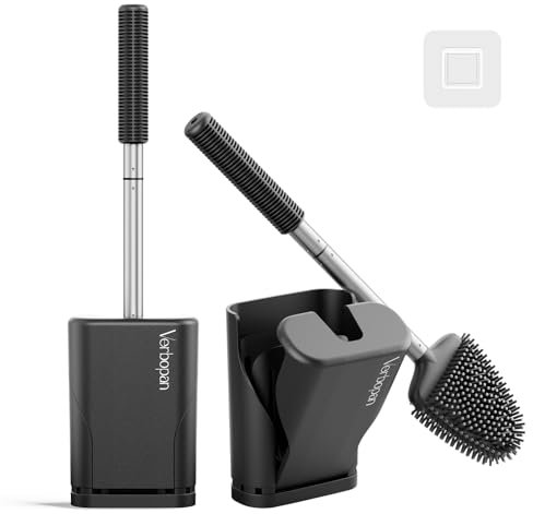Escobilla de baño de silicona negra para inodoro: limpieza de inodoro, cabezal flexible para inodoros de baño, mango largo de acero inoxidable, para montaje en pared para higiene