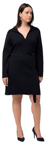 Ulla Popken Damen große Größen Übergrößen Plus Size Strickkleid, Gürtel, Hemdkragen, V-Ausschnitt, Langarm Marine 54+ 824517770-54+