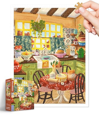 PieceRelax 1200-Piece Plastic Jigsaw Puzzle for Adults - Olivia Gibbs - Green Kitchen Sunlight - Challenging Extra Small Pieces, No Mat Needed, Relaxation & Gift [H3649]