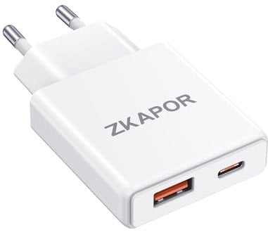 ZKAPOR Chargeur USB C, Prise 20W Secteur Rapide 2 Port Adaptateur USB A Type C Secteur pour iPhone 16/16 Pro/16 Pro Max/16 Plus /15/14/13/12/11/SE, Samsung Galaxy S24 S23, Huawei, Pad Pro/Air, Pixel