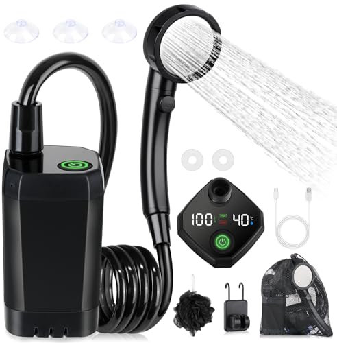 Kit Douche de Camping, [6000mAh] Spopal Douche Portable,Pompe de Douche Électrique Rechargeable,Imperméable, avec Afficheur Intelligent et Pomme de Douche 4 Modes pour Extérieure,Camping,Randonnée