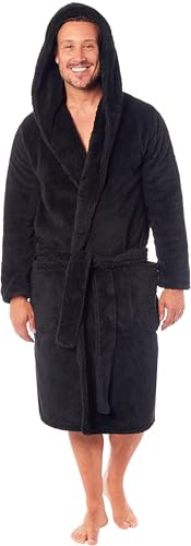 SnuggleME Dressing Gowns for Men | Super Soft Snuggle Hooded Dressing Gown | Men's Warm and Cozy Fleece Nightwear Robe | Gifts for Him BLACK