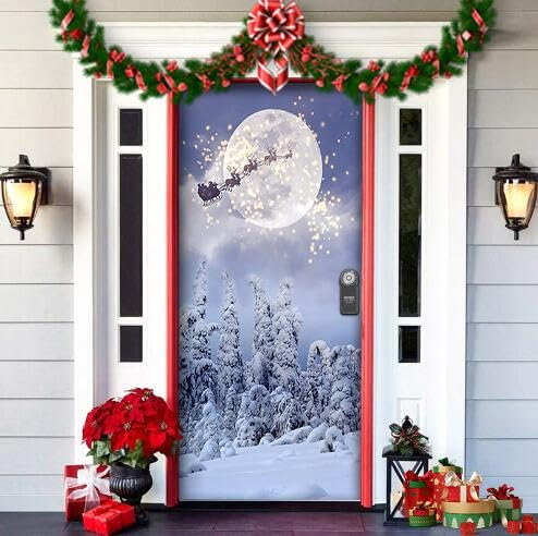 Copri Porta Natalizio con Autoadesivo Nastro Forte Decorazioni Natalizie per Esterno, Natale Decorazioni Casa Facile da Attaccare Copriporta Natalizio 203 X 91cm (White, One Size)