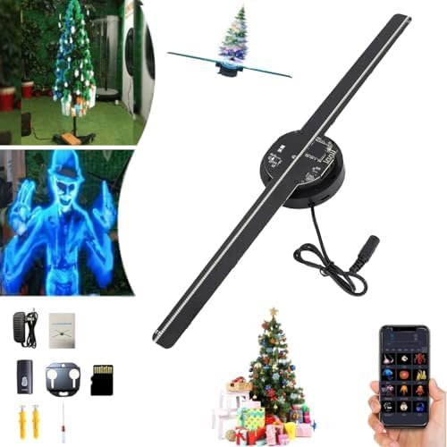 3D Hologram LED Fan Projector, 3D Hologram Christmas Tree, 3D Hologram Fan Halloween, 3D Hologram Projector with Remote/App Video Library for Shop, Bar, Christmas, Halloween (1Pcs)